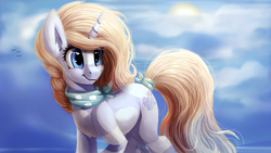 Size: 1920x1080 | Tagged: safe, artist:camyllea, oc, oc only, oc:fyllia crystal, pony, unicorn, art trade, bow, clothes, cloud, female, mare, scarf, solo, sun, tail bow