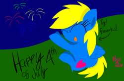 Size: 3072x2010 | Tagged: safe, artist:hearttheartist, derpibooru exclusive, oc, oc only, oc:heart cake, pegasus, pony, 4th of july, celebration, eyes closed, eyestrain warning, fireworks, grass, high res, holiday, needs more saturation, sitting, sky, solo, tongue out