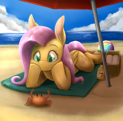 Size: 1669x1643 | Tagged: safe, artist:otakuap, fluttershy, crab, pegasus, pony, g4, beach, beach ball, big ears, book, cloud, female, folded wings, looking at something, lying down, mare, outdoors, sky, solo, supporting head, towel, umbrella, wings