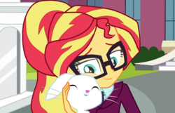 Size: 1114x716 | Tagged: safe, artist:melina123xd, angel bunny, sunset shimmer, equestria girls, g4, my little pony equestria girls: friendship games, alternate universe, base used, bush, canterlot high, clothes, clothes swap, crystal prep academy uniform, female, glasses, high school, human sunset, school uniform, stairs, sunspecs shimmer