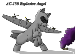 Size: 1716x1228 | Tagged: safe, artist:pencil bolt, oc, oc only, oc:explosive angel, original species, plane pony, pony, ac-130, bipedal, lockheed corporation, male, plane, purple smoke, sharp teeth, simple background, smoke grenade, solo, teeth, white background