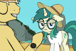 Size: 4500x3002 | Tagged: safe, alternate version, artist:tyamat, feather bangs, oc, oc:spring starflower, pony, unicorn, g4, beach, choker, clothes, cute, dress, female, glasses, hat, jewelry, necklace, simple background, sun hat, trans female, transgender, watch, wristwatch