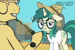 Size: 4500x3002 | Tagged: safe, alternate version, artist:tyamat, feather bangs, oc, oc:spring starflower, pony, unicorn, g4, beach, choker, clothes, cute, dialogue, dress, female, glasses, hat, italian, jewelry, necklace, simple background, sun hat, trans female, transgender, watch, wristwatch