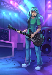 Size: 800x1140 | Tagged: safe, artist:asimos, artist:lexx2dot0, artist:maytee, lyra heartstrings, human, fanfic:anthropology, g4, clothes, electric guitar, fanfic, fanfic art, female, guitar, humanized, left handed, left handed guitar, les paul, musical instrument, open mouth, pants, shirt, smiling, solo, stage