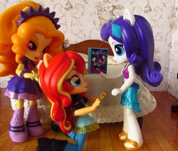 Size: 1325x1125 | Tagged: safe, artist:whatthehell!?, edit, adagio dazzle, rarity, sunset shimmer, equestria girls, g4, my little pony equestria girls: better together, my little pony equestria girls: rainbow rocks, beach, bed, bedroom, book, boots, clothes, doll, equestria girls minis, irl, jewelry, pants, photo, sandals, sarong, shoes, skirt, swimsuit, toy