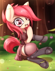 Size: 2967x3840 | Tagged: dead source, safe, alternate version, artist:an-m, oc, oc only, oc:mayni, cyborg, earth pony, pony, amputee, blank flank, clothes, cute, dress, eye reflection, female, flower, forest, grass, high res, legs, lingerie, looking at camera, mare, mechanical, open mouth, pony oc, prosthetic limb, prosthetics, raised hoof, reflection, sitting, skirt, skirt lift, socks, solo, stockings, thigh highs, tongue out, tree, triple amputee, wind
