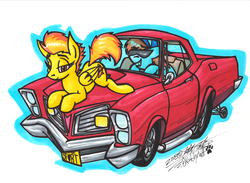 Size: 5351x3916 | Tagged: safe, artist:sketchywolf-13, spitfire, oc, earth pony, pegasus, pony, g4, car, commission, dat ass, eyes on the prize, female, looking at butt, male, mare, meme, pontiac gto, simple background, stallion, sunglasses, white background