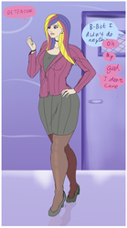 Size: 1685x3031 | Tagged: safe, artist:annon, princess cadance, human, g4, bracelet, clothes, dialogue, door, ear piercing, earring, evil cadance, eyeshadow, female, high heels, humanized, jewelry, long nails, makeup, mirror universe, multicolored hair, pantyhose, piercing, pre-bimbo, purple eyes, purple hair, shoes, skirt, solo