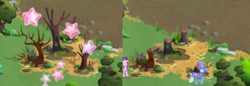 Size: 865x298 | Tagged: safe, gameloft, starlight glimmer, trixie, pony, g4, changeling kingdom, comparison, dead tree, deforestation, female, game screencap, mare, stars, tree, tree stump