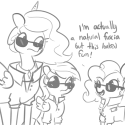 Size: 1650x1650 | Tagged: safe, artist:tjpones, pinkie pie, princess celestia, rainbow dash, alicorn, earth pony, pegasus, pony, g4, clothes, dialogue, disguise, female, grayscale, mare, monochrome, pinkie being pinkie, simple background, sunglasses, trenchcoat, trio, white background