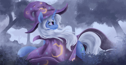 Size: 3092x1600 | Tagged: safe, artist:fluttersheeeee, trixie, pony, unicorn, g4, cape, clothes, female, forest, hat, looking back, mare, mist, solo, trixie's cape, trixie's hat