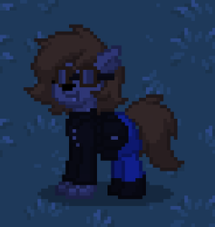 Size: 246x260 | Tagged: safe, oc, oc only, oc:nightshade (furry), coyote, hybrid, pony, pony town, clothes, fangs, furry, smiling, solo, steampunk, sunglasses