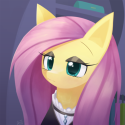 Size: 1200x1200 | Tagged: safe, artist:howxu, fluttershy, pegasus, pony, fake it 'til you make it, g4, bust, clothes, female, fluttergoth, goth, looking at you, mare, solo