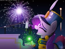 Size: 2000x1500 | Tagged: safe, artist:lennonblack, rarity, pony, unicorn, g4, 4th of july, ancient wonderbolts uniform, clothes, eyes closed, female, fireworks, hat, holiday, mare, microphone, murica, musical instrument, open mouth, piano, sgt. rarity, shako, signature, singing, solo, star spangled banner, uniform