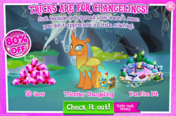 Size: 794x525 | Tagged: safe, gameloft, coracoid, changedling, changeling, g4, to change a changeling, advertisement, costs real money, fire pit, introduction card, solo