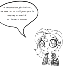 Size: 1414x1353 | Tagged: safe, artist:tjpones edits, edit, editor:steel, sunset shimmer, human, equestria girls, g4, black and white, bust, cute, dialogue, female, grayscale, monochrome, simple background, sketch, solo, speech bubble, text edit, they told me, traditional art, truth, white background