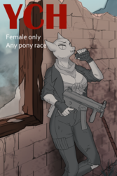 Size: 801x1201 | Tagged: safe, artist:margony, oc, oc only, anthro, advertisement, anthro oc, auction, clothes, commission, digital art, female, gun, military uniform, signature, solo, uniform, weapon, ych example, your character here