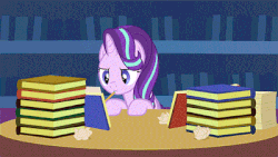 Size: 400x225 | Tagged: safe, artist:agrol, starlight glimmer, pony, unicorn, g4, animated, book, female, gif, glowing horn, horn, magic, mare, mouth writing, paper, pencil, solo, telekinesis