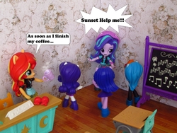 Size: 1200x900 | Tagged: safe, artist:whatthehell!?, rainbow dash, rarity, sci-twi, starlight glimmer, sunset shimmer, twilight sparkle, equestria girls, equestria girls series, g4, apple, board game, chair, classroom, clothes, desk, doll, equestria girls minis, food, irl, photo, school, toy, ultra minis