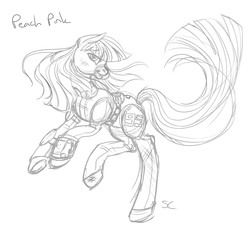 Size: 2000x2000 | Tagged: safe, artist:sourcherry, oc, oc only, earth pony, pony, fallout equestria, clothes, female, high res, jumpsuit, mare, monochrome, not blackjack, pipbuck, sketch, solo, vault suit