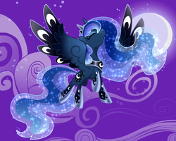 Size: 1024x819 | Tagged: safe, artist:sugaryicecreammlp, princess luna, alicorn, pony, g4, cloud, colored wings, colored wingtips, eyes closed, female, flying, mare, moon, night, rainbow power, raised hoof, sky, solo, sparkles, spread wings, wings