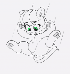 Size: 1280x1357 | Tagged: safe, artist:pabbley, idw, cherry blossom (g4), pony, g4, 30 minute art challenge, action pose, butt, dock, featureless crotch, frog (hoof), green eyes, lineart, partial color, plot, pubic mound, smiling, solo, spread legs, spreading, underhoof