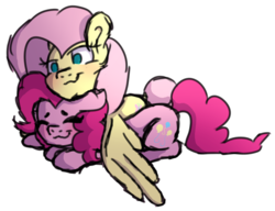 Size: 993x761 | Tagged: safe, artist:thatonefluffs, fluttershy, pinkie pie, pony, g4, cuddling, female, lesbian, prone, ship:flutterpie, shipping, simple background, transparent background
