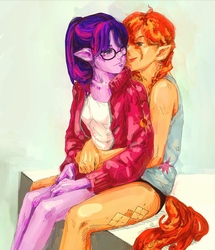 Size: 1320x1534 | Tagged: safe, artist:mr-yan-dvoynykh, sci-twi, sunset shimmer, twilight sparkle, human, equestria girls, g4, alternate clothes, alternate hairstyle, cutie mark, cutie mark on clothes, elf ears, female, hug, humanized, imminent kissing, lesbian, looking at each other, ship:sci-twishimmer, ship:sunsetsparkle, shipping, sitting on person, tailed humanization, unicorns as elves