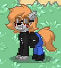 Size: 215x239 | Tagged: safe, oc, oc:nightshade (furry), coyote, hybrid, pony, pony town, blood, clothes, crying, fangs, furry, jacket, saddle bag, smiling, steampunk, sunglasses, tears of blood