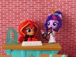 Size: 2000x1500 | Tagged: safe, artist:whatthehell!?, sci-twi, sunset shimmer, twilight sparkle, equestria girls, g4, apple, classroom, clothes, coat, desk, doll, equestria girls minis, food, gem, glasses, irl, jacket, pencil, photo, toy