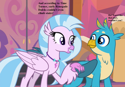 Size: 1539x1080 | Tagged: safe, edit, edited screencap, editor:korora, screencap, gallus, silverstream, griffon, g4, non-compete clause, cropped, doctor who, implied doctor whooves, school of friendship, text