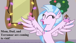 Size: 896x512 | Tagged: safe, edit, edited screencap, editor:korora, screencap, silverstream, g4, season 8, the hearth's warming club, cropped, cute, diastreamies, excited, eyes closed, happy, hearth's warming lights, implied ocean flow, implied sky beak, implied terramar, jewelry, mirror, necklace, spread arms, spread wings, text, wings, wreath