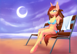 Size: 1024x723 | Tagged: safe, artist:scarlet-spectrum, oc, oc only, oc:silver veil, bat pony, anthro, unguligrade anthro, anthro oc, bat pony oc, bat wings, beach, bench, bikini, breasts, cleavage, clothes, cloud, commission, crescent moon, deviantart watermark, digital art, ear fluff, female, fluffy, mare, moon, obtrusive watermark, sand, shoulder fluff, sitting, sky, smiling, solo, swimsuit, transparent moon, watermark