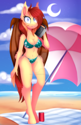 Size: 1024x1587 | Tagged: safe, artist:scarlet-spectrum, oc, oc only, oc:silver veil, bat pony, anthro, unguligrade anthro, anthro oc, arm fluff, bat pony oc, bat wings, beach, bikini, boombox, breasts, chest fluff, cleavage, clothes, cloud, commission, crescent moon, deviantart watermark, digital art, ear fluff, eye clipping through hair, female, fluffy, hair over one eye, leg fluff, mare, moon, obtrusive watermark, picnic blanket, sand, shoulder fluff, sky, soda, solo, surprised, swimsuit, transparent moon, umbrella, watermark, wide eyes