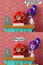 Size: 857x1271 | Tagged: safe, artist:whatthehell!?, sci-twi, sunset shimmer, twilight sparkle, equestria girls, g4, apple, classroom, clothes, coat, desk, doll, equestria girls minis, eqventures of the minis, food, gem, glasses, irl, jacket, pencil, photo, toy