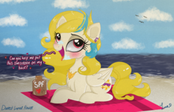 Size: 3500x2250 | Tagged: safe, artist:darkest-lunar-flower, golden feather, princess celestia, pegasus, pony, g4, spoiler:comic, spoiler:comic65, beach, disguise, female, high res, solo, sunscreen, ych result