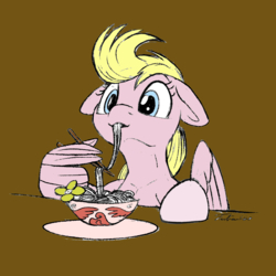 Size: 1946x1946 | Tagged: safe, artist:tsitra360, oc, oc only, oc:lucky doo, pegasus, pony, bowl, brown background, chopsticks, femboy, floppy ears, food, girly, male, noodles, simple background, solo, wing hands, wings