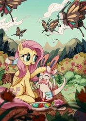 Size: 906x1280 | Tagged: safe, artist:foresart, fluttershy, beautifly, bird, pegasus, pony, sylveon, g4, bush, candy, clearing, cloud, crossover, cute, female, flower, flying, food, forest, happy, mare, mountain, open mouth, petting, picnic, plate, pokémon, scenery, sky, tree stump