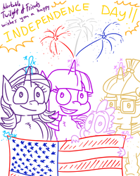 Size: 1280x1611 | Tagged: safe, artist:adorkabletwilightandfriends, spike, starlight glimmer, twilight sparkle, alicorn, dragon, pony, unicorn, g4, 4th of july, adorkable, adorkable twilight, american flag, american independence day, capitalism in the comments, communism in the comments, cute, dork, fireworks, flag, holiday, independence day, patriotic, patriotism, politics in the comments, twilight sparkle (alicorn), united states