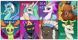 Size: 1280x657 | Tagged: safe, artist:foresart, idw, abyssinian king, chief thunderhooves, king aspen, prince rutherford, princess celestia, princess ember, queen novo, thorax, abyssinian, alicorn, bison, buffalo, cat, changedling, changeling, deer, dragon, hippogriff, pony, seapony (g4), yak, g4, my little pony: the movie, spoiler:comic61, spoiler:comic62, crown, dragon lord ember, dragoness, female, jewelry, king thorax, leader, looking at you, male, mare, regalia, royalty