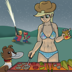 Size: 1280x1280 | Tagged: safe, artist:mkogwheel, apple bloom, applejack, big macintosh, winona, dog, human, g4, 4th of july, abs, alternative cutie mark placement, american independence day, barbeque, bikini, boob freckles, breasts, burger, carrot, chest freckles, cider, clothes, corn, cowboy hat, equestrian flag bikini, female, fireworks, flag bikini, flag of equestria, food, freckles, frisbee, gun, hat, holiday, humanized, male, mouth hold, mushroom, onion, patriotic, shotgun, shoulder cutie mark, stetson, swimsuit, tomato, vegetarian, weapon