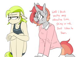 Size: 688x509 | Tagged: safe, artist:redxbacon, oc, oc only, oc:golden keylime, oc:scribble snug, anthro, breasts, clothes, delicious flat chest, disguise, disguised changeling, ear piercing, glasses, piercing, simple background, talking, white background