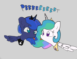 Size: 1889x1440 | Tagged: safe, artist:tjpones edits, color edit, edit, editor:childofthenight, princess celestia, princess luna, alicorn, pony, g4, colored, crown, duo, female, jewelry, mare, regalia, royal sisters, silly, simple background, sisters, tongue out