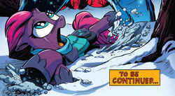 Size: 1006x550 | Tagged: safe, artist:andypriceart, idw, official comic, fizzlepop berrytwist, tempest shadow, bear, pony, unicorn, ursa, ursa minor, g4, spoiler:comic, spoiler:comic67, backpack, broken horn, cropped, eye scar, female, hoof shoes, horn, looking up, mare, open mouth, scar, snow, solo, tempest's tale, to be continued, tree