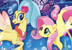 Size: 1688x1168 | Tagged: safe, fluttershy, princess skystar, pegasus, pony, seapony (g4), g4, my little pony: the movie, bioluminescent, blue eyes, blushing, bubble, coral, cropped, cute, dorsal fin, duo, duo female, female, fin, fin wings, fins, fish tail, floppy ears, flower, flower in hair, flowing mane, flowing tail, freckles, glowing, green eyes, grin, happy, jewelry, looking at each other, looking at someone, necklace, ocean, open mouth, pearl necklace, scales, seaponified, seapony fluttershy, seaquestria, seashell, seashell necklace, seaweed, shell, skyabetes, smiling, smiling at each other, species swap, swimming, tail, underwater, water, wings