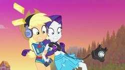 Size: 1280x720 | Tagged: safe, screencap, applejack, rarity, equestria girls, equestria girls series, g4, lost and found, duo, gold bar, phone