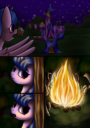Size: 4299x6071 | Tagged: safe, artist:6editor9, twilight sparkle, alicorn, pony, comic:curse and madness, g4, absurd resolution, bonfire, castle, comic, cultist, female, fire, hooded cape, mare, mlpcam, night, twilight sparkle (alicorn), twilight's castle
