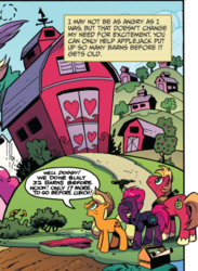 Size: 428x586 | Tagged: safe, artist:andypriceart, idw, official comic, applejack, big macintosh, derpy hooves, pinkie pie, tempest shadow, earth pony, pony, unicorn, g4, spoiler:comic, spoiler:comic67, barn, broken horn, butt, cropped, facehoof, female, hoof shoes, horn, male, mare, plot, speech bubble, stallion, tempest's tale, unshorn fetlocks