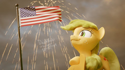 Size: 1920x1080 | Tagged: safe, artist:dashyoshi, applejack, earth pony, pony, g4, 3d, 4th of july, american independence day, amerijack, blonde, female, flag, hatless, holiday, missing accessory, smiling, solo, united states