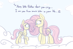 Size: 2200x1500 | Tagged: safe, artist:heir-of-rick, fluttershy, pegasus, pony, g4, cloud, female, filly, filly fluttershy, looking at each other, mare, sad, self ponidox, singing, sketch, teary eyes, younger